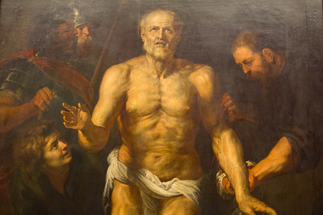 Painting of the Dying Seneca at the Alte Pinakothek in Munich. He is being foreced along by other men to commit suicide.