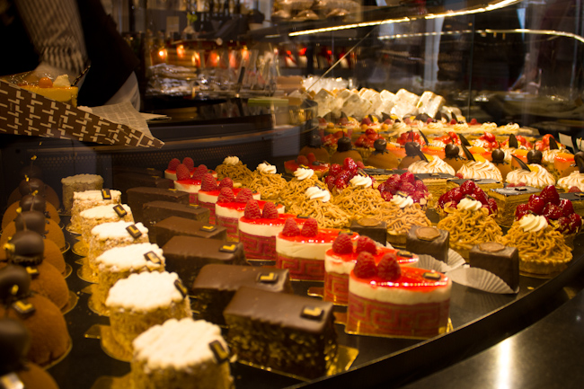 Rows of single-serve cakes at Cafe Luitpold in Munich.