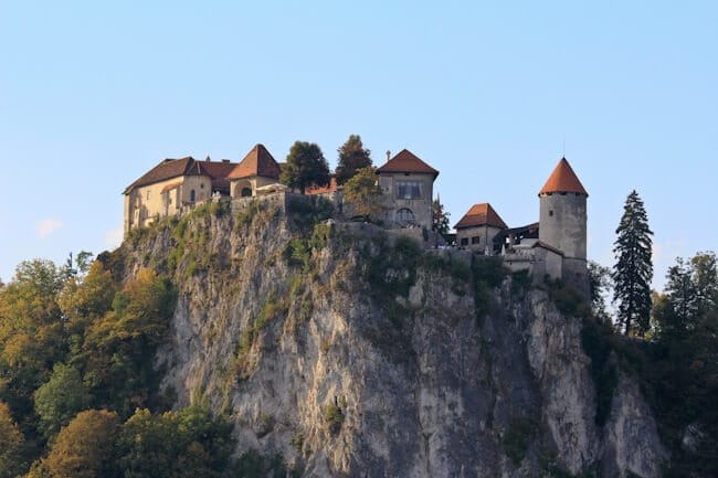 Looking up to Bled Castle in Slovenia