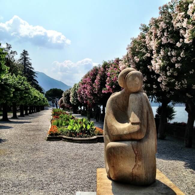 Flowering tree-lined shore in Bellagio Flowering tree-lined shore in Bellagio