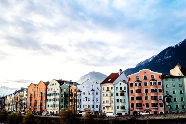 Pastel coloured houses along the River Inn in Innsbruck