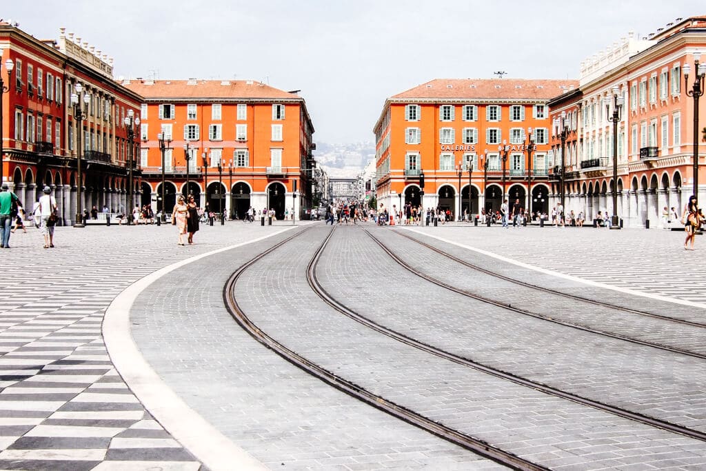 Historic centre of Nice with tram lines running through.