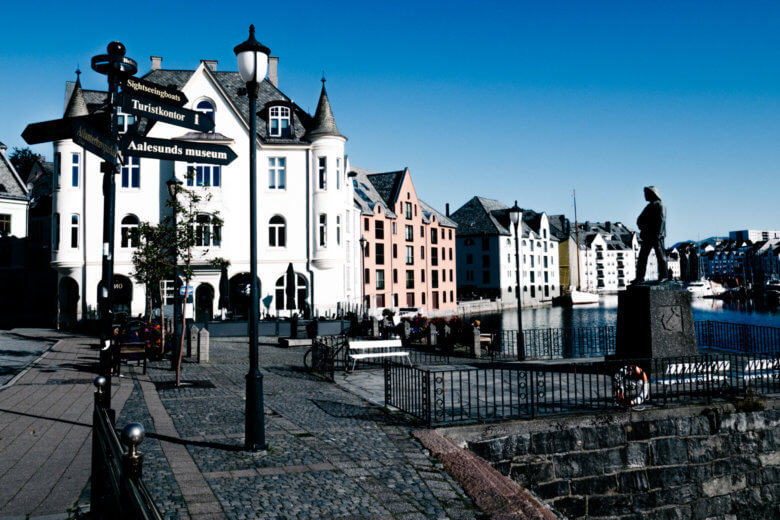 Art Nouveau buildings along the water in Alesund.