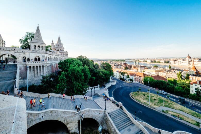 Fishermans Bastion and the Danube in Budapest, Hungary.