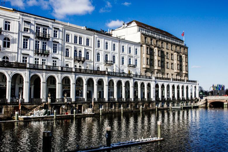 Hamburg along the water in Winter with blue skies and a little snow.