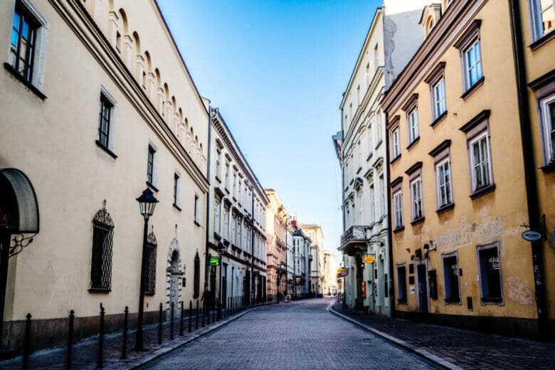 Krakow's cobblestone streets and colourful old buildings. 