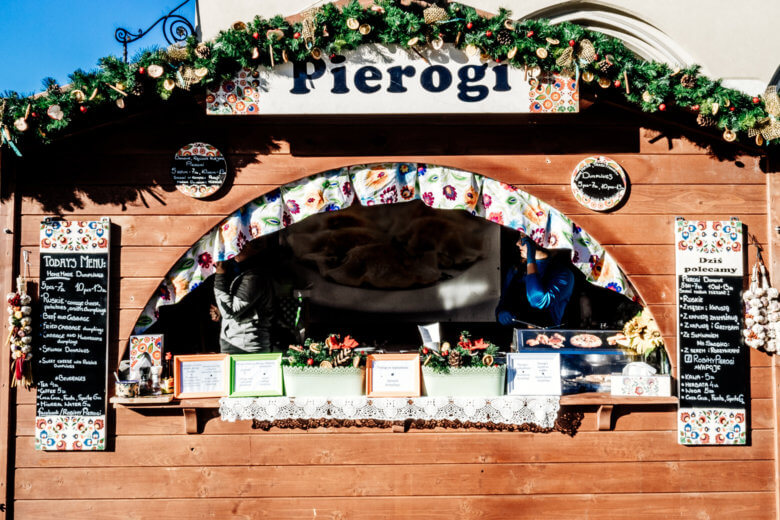 Pierogies stall in Krakow with the menu at the front. 