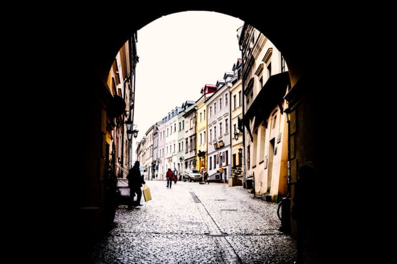 Looking through an archway in Lublin Old Town on a winter's day. 