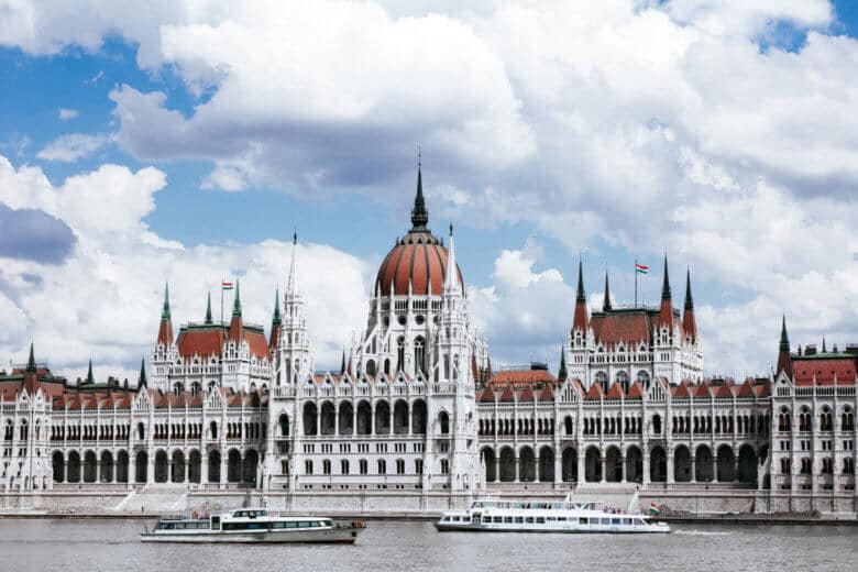 Hungarian Parliament from Batthyany Square on the opposite side of the Danube. 