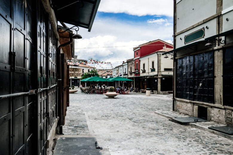 Cobblestoned square Korca, Albania