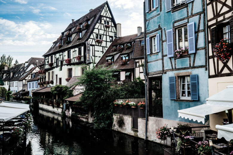 Half-timbered houses on a canal in Colmar, France.