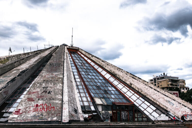 Pyramid of Tirana, Albania on a gloomy day.