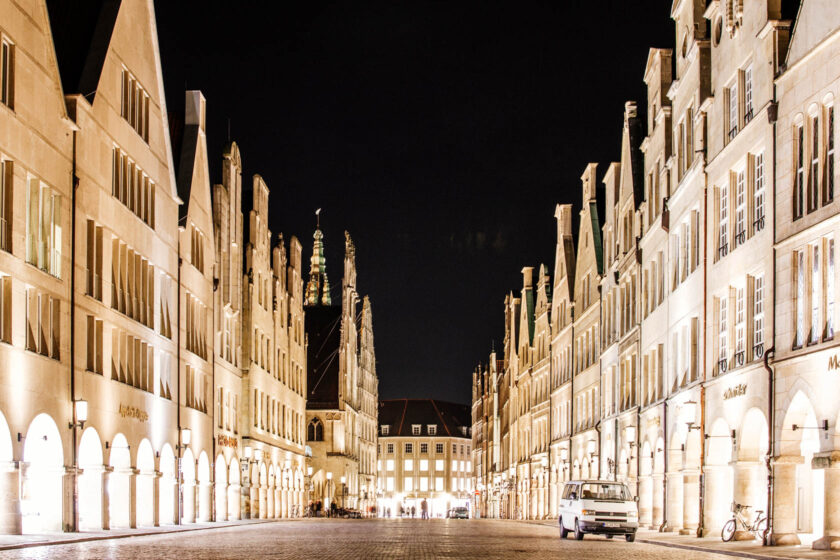 Muenster main street at night.