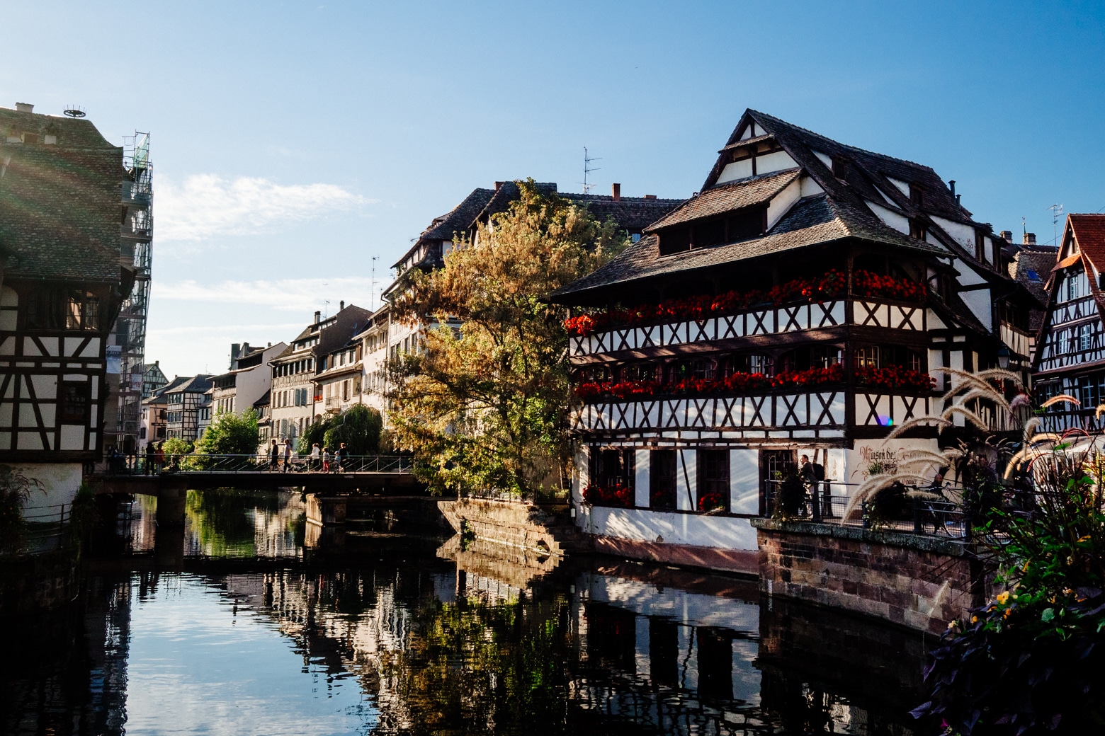 Strasbourg canal with red flowers